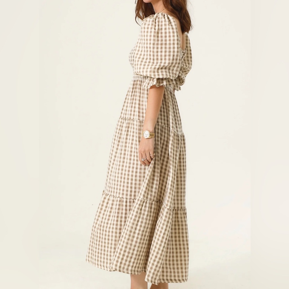 Off-Shoulder Gingham Midi Dress in Beige - Picture 2 of 2